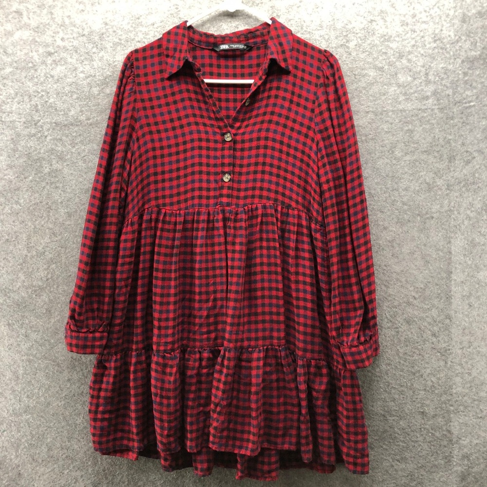 Zara Tiered Mini Dress Womens M Red Black Plaid Long Sleeve Babydoll